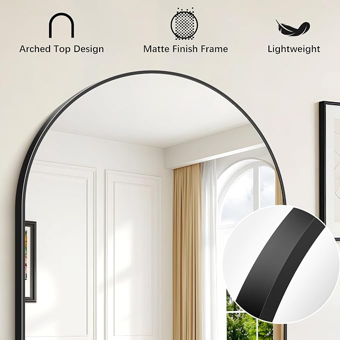 FORBATH Arched Bathroom Mirror 16x24 Inch, Black Bathroom Mirror Wall Mounted Modern Aluminum Alloy Frame Arch Mirror for Bedroom Living Room Entryway, Hanging or Leaning Against Wall