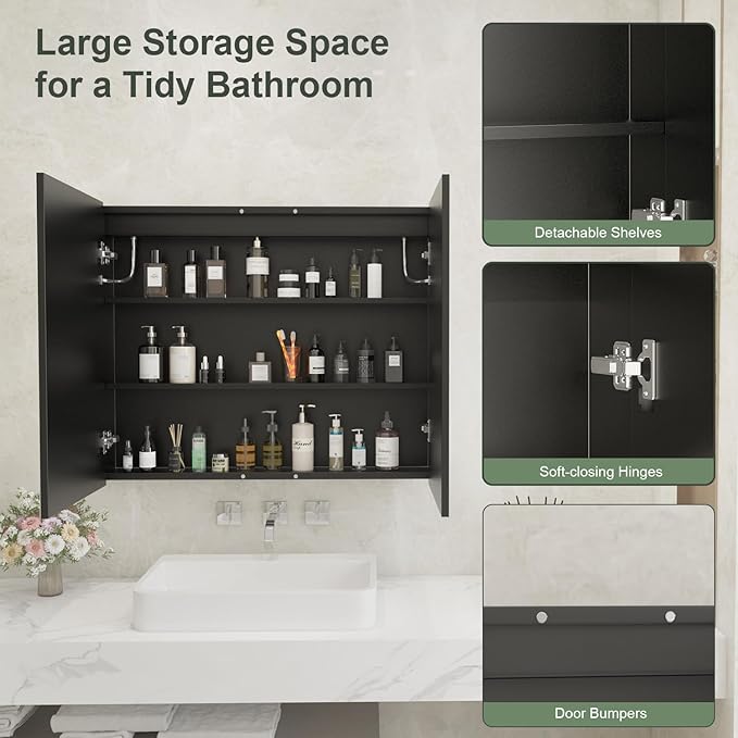 Medicine Cabinet, LED Mirror Cabinet for Bathroom with 3-Color with Mirror Defog, Recessed or Surfaced Wall-Mounted (24X30)