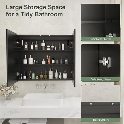 Medicine Cabinet, LED Mirror Cabinet for Bathroom with 3-Color with Mirror Defog, Recessed or Surfaced Wall-Mounted (24X30)