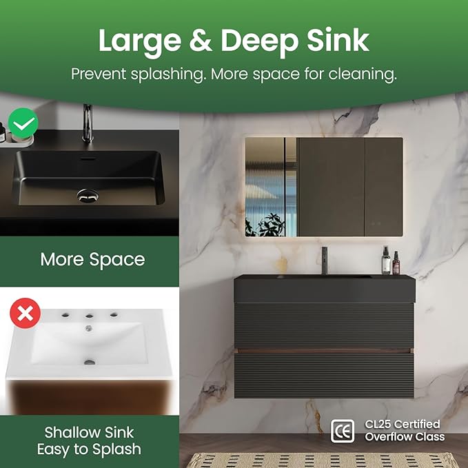 36 Inch Bathroom Vanity with Black Sink, Floating Bathroom Cabinet with 2 Soft-Closing Drawers, Large Storage for Powder Room, Apartment, Hotel, Walnut+Black, Fir Collection
