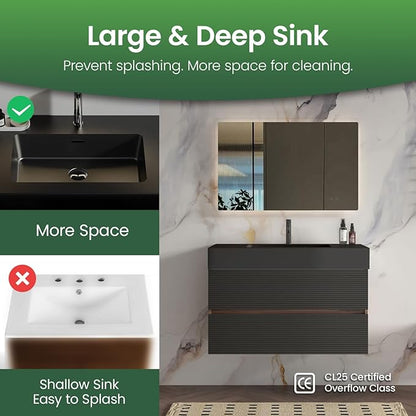36 Inch Bathroom Vanity with Black Sink, Floating Bathroom Cabinet with 2 Soft-Closing Drawers, Large Storage for Powder Room, Apartment, Hotel, Walnut+Black, Fir Collection