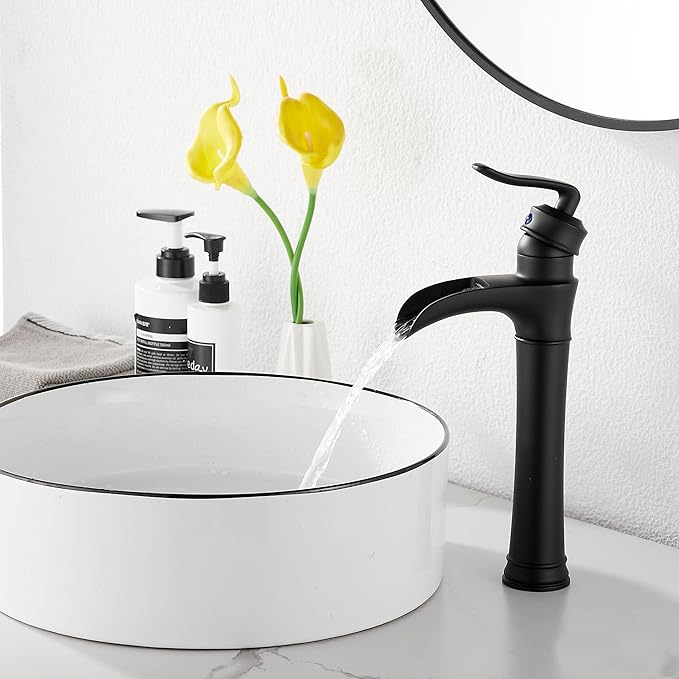 Matte Black Bathroom Faucet GGStudy Single Handle One Hole Farmhouse Waterfall Bathroom Vessel Sink Faucet Black Matching with Pop Up Drain