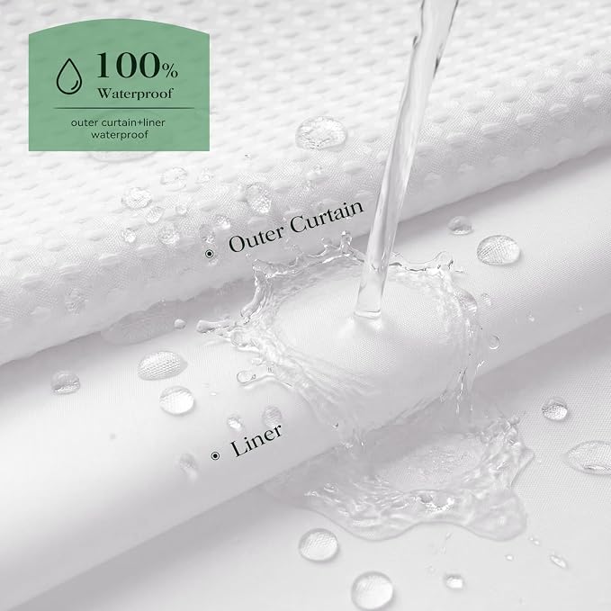 White Hook Free Waffle Shower Curtain & Snap-in Fabric Liner,48x75 | Less Time to install, 3 in 1 Fabric Shower Curtain and Liner Set with Magnets, Stall, Shower Curtains for Bathroom