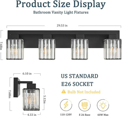 4-Light Black Crystal Vanity Light Bathroom Lighting Fixtures Over Mirror | Wall Sconces with Square Crystal Shades, E26 Socket, Modern Vanity Lights for Bathroom (Bulbs Not Included)