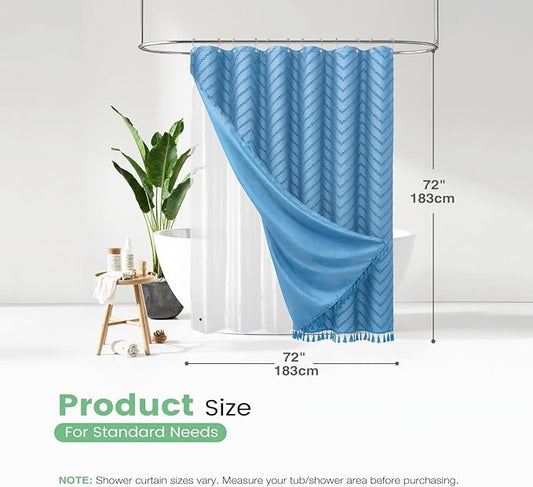 Dynamene Moonlight Blue Boho Shower Curtain and Liner Set, Farmhouse Fabric Shower Curtain and Waterproof Clear Liner, Tufted Chevron Striped Tassel Shower Curtains for Bathroom, 12 Hooks, 72x72