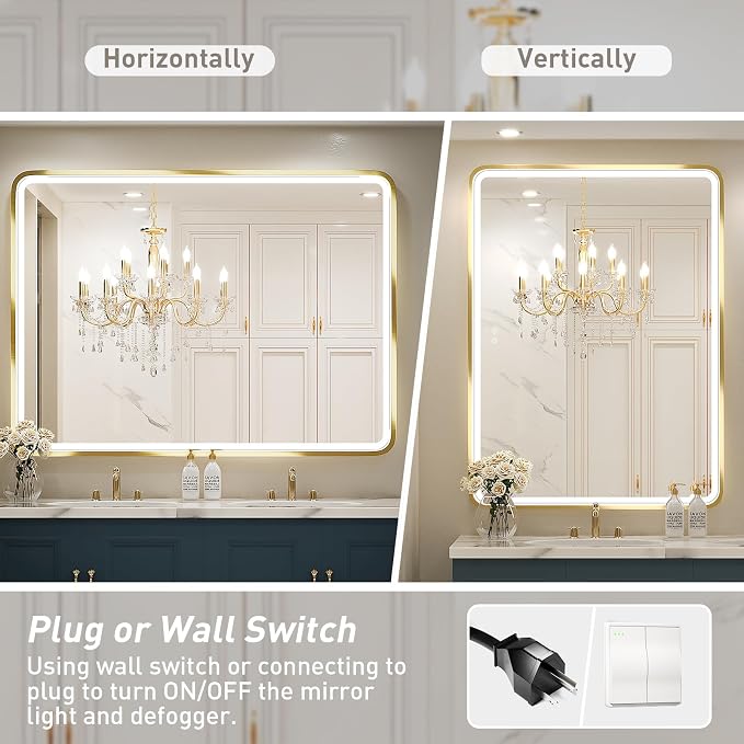 48X36 Inch LED Gold Frame Bathroom Mirror,3 Color | ETL Listed,Anti-Fog,3000K/4500K/6000K Dimmable,Horizontal & Vertical,Wall Mounted,Memory Function