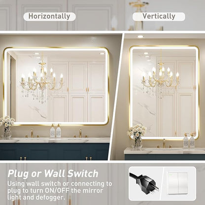 48X36 Inch LED Gold Frame Bathroom Mirror,3 Color | ETL Listed,Anti-Fog,3000K/4500K/6000K Dimmable,Horizontal & Vertical,Wall Mounted,Memory Function