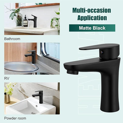 Heyalan Bathroom Faucet Single Handle 1 Hole SUS304 Stainless Steel Deck Mount Lavatory Single Switch Basin Sink Faucet with Pop Up Drain and Hot and Cold Water Mixer Matte Black