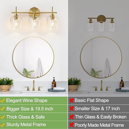 3-Light Bathroom Light Fixtures, 19.5 Inch Brushed Gold Vanity Lights with Wine-Glass Shape, Bathroom Lights Over Mirror, Modern Wall Lamps for Bedroom Living Room Hallway