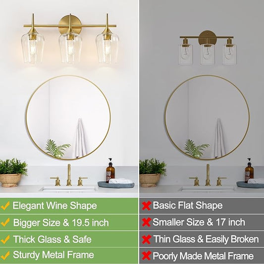 3-Light Bathroom Light Fixtures, 19.5 Inch Brushed Gold Vanity Lights with Wine-Glass Shape, Bathroom Lights Over Mirror, Modern Wall Lamps for Bedroom Living Room Hallway