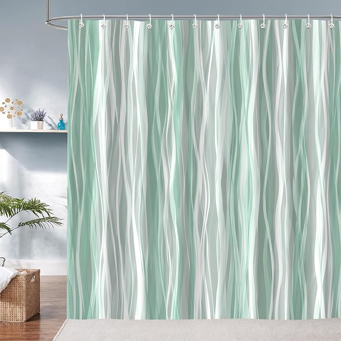 Moonslim Sage Green Grey Ombre Shower Curtain, Modern Wavy Abstract Striped Line Bathroom Curtain, Waterproof Fabric Bath Decor, 72 x 72 Inch