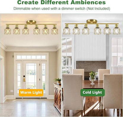 Baocuz 6-Lights Gold Semi Flush Mount Ceiling Light, Adjustable Multi-Directional Light Fixtures, Rotatable Farmhouse Light Fixtures with Metal Cage for Dining Room, Living Room, Kitchen