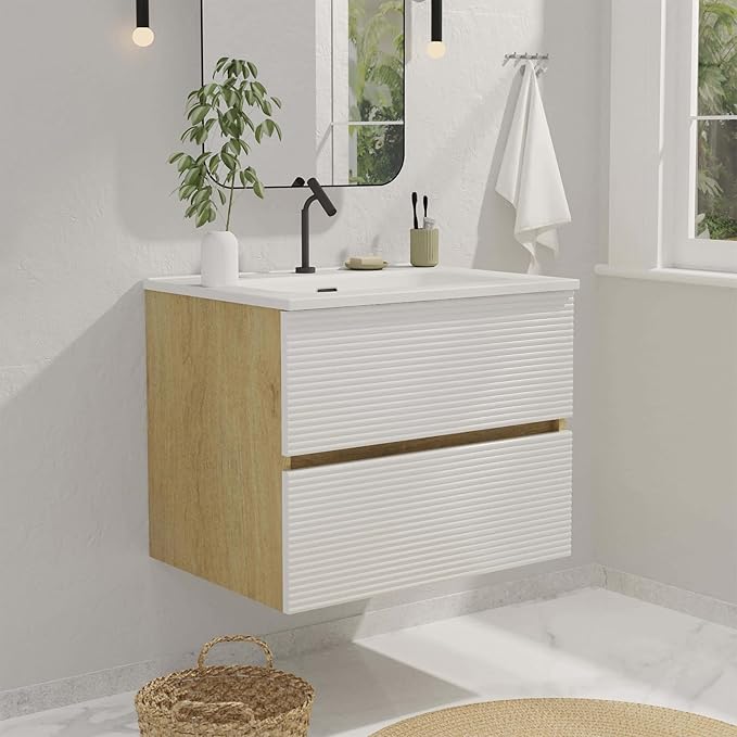 24'' Floating Bathroom with Sink Combo, Modern Bathroom Cabinet with 2-Soft Close & Large Storage Drawers, for Small Space, Apartment, Hotel, White and Natural (Already Assembled)