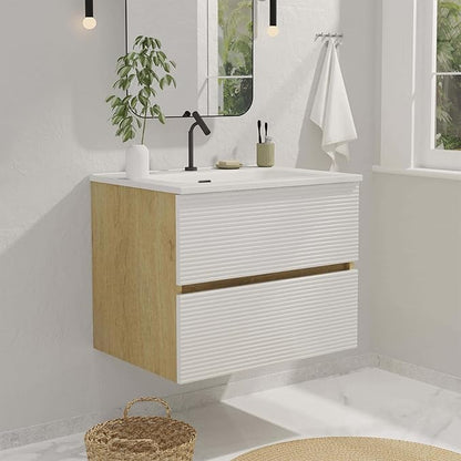 24'' Floating Bathroom with Sink Combo, Modern Bathroom Cabinet with 2-Soft Close & Large Storage Drawers, for Small Space, Apartment, Hotel, White and Natural (Already Assembled)