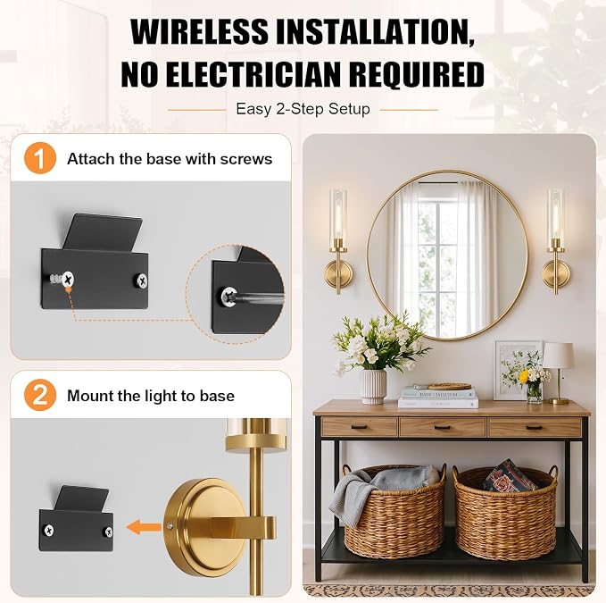 MOKATNG Battery Operated Wall Sconce Set of 2，Gold Wireless Rechargeable Wall Lighting Fixtures with Remote Control，Dimmable Wall Light for Bathroom ，Vanity, Living Room, Bedroom, Hallway, Stairway