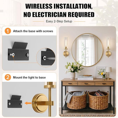 MOKATNG Battery Operated Wall Sconce Set of 2，Gold Wireless Rechargeable Wall Lighting Fixtures with Remote Control，Dimmable Wall Light for Bathroom ，Vanity, Living Room, Bedroom, Hallway, Stairway