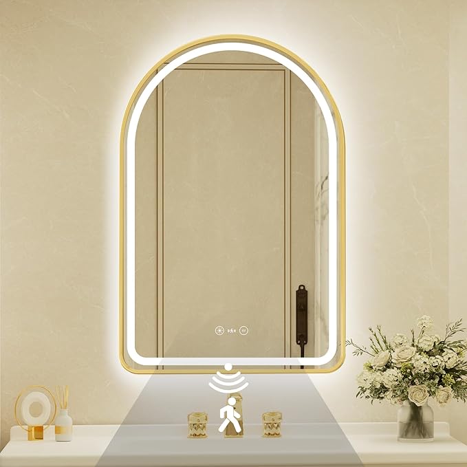 26x40 Inch Arched Gold Framed LED Bathroom Mirror with Lights,Smart Bathroom Mirror,Motion Sensor,Tempered Glass,Anti-Fog,Stepless Dimmable & 3 Colors,Memory,Vanity Mirror for Wall
