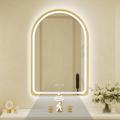 24x36 Inch Arched Gold Framed LED Bathroom Mirror with Lights,Smart Bathroom Mirror,Motion Sensor,Tempered Glass,Anti-Fog,Stepless Dimmable & 3 Colors,Memory,Vanity Mirror for Wall