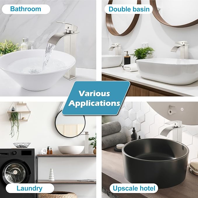 Midanya Waterfall Spout Bathroom Faucet Single Handle 1 Hole Bathroom Sink Faucet,Modern RV Lavatory Vanity Basin Tap with Water Hose,No Drain,Tall Body,Brushed Nickel