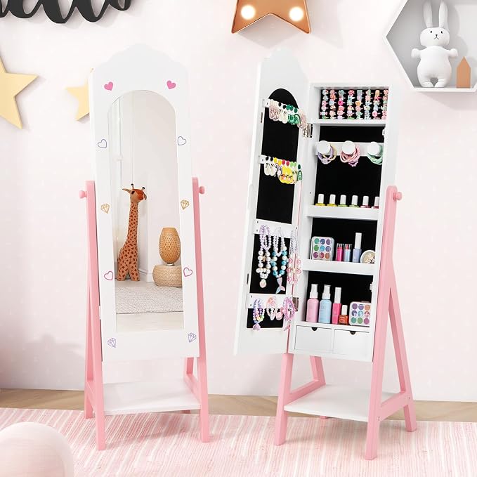 CHARMAID Kids Jewelry Organizer with Full Length Mirror, Standing Jewelry Armoire with Drawers and Storage Shelves, Kids Dress Up Mirror Jewelry Cabinet for Girls Gift (White)