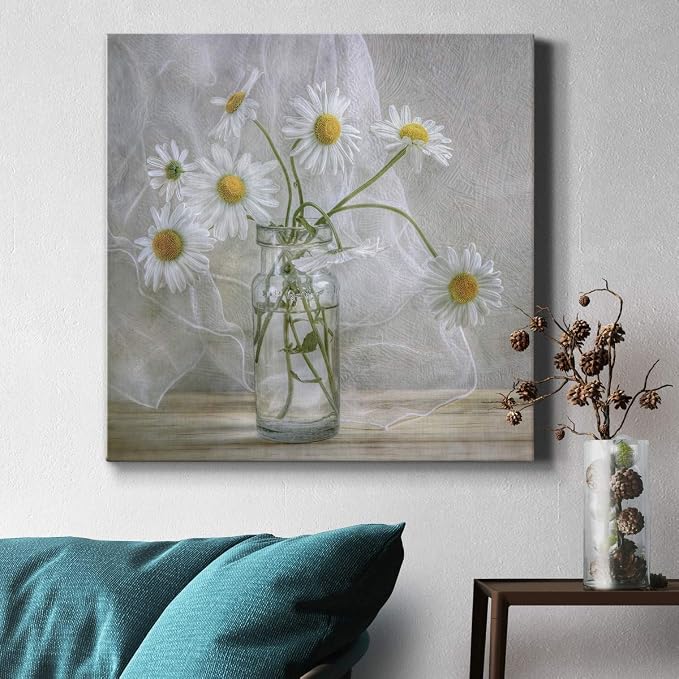 Renditions Gallery Daisies Wall Art, Premium Gallery Wrapped Canvas White Flower in Bottle Wall Decor, Ready to Hang, 24 in H x 24 in W, Made in America Print
