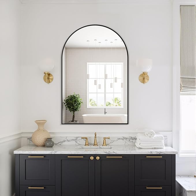 Arched Bathroom Mirror, 24"x36", Black | Wall Mounted, Vanity Mirror, For Bedroom, Living Room and Entryway