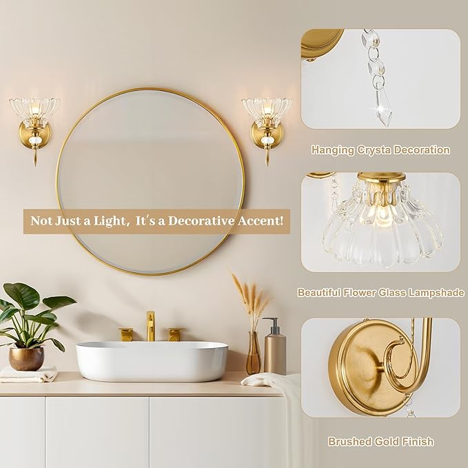 1 Piece Vintage Wall Sconce, 1-Light Brushed Gold Finish Wall Sconce with Hanging Crystal Accents and Flower-Shaped Amber Shades for Bathroom Bedroom Living Room,Vintage Vanity Light