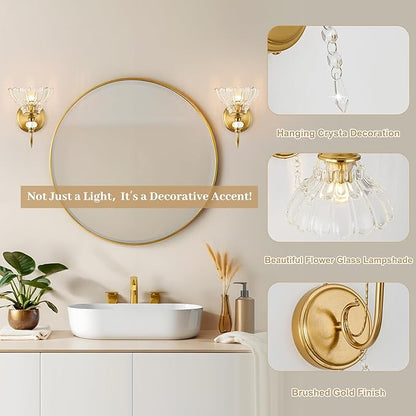 1 Piece Vintage Wall Sconce, 1-Light Brushed Gold Finish Wall Sconce with Hanging Crystal Accents and Flower-Shaped Amber Shades for Bathroom Bedroom Living Room,Vintage Vanity Light