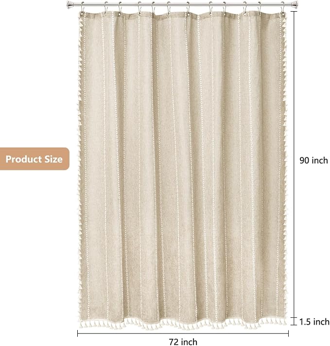 Seenus Boho Farmhouse Shower Curtain Heavyweight Extra Long 72 x 90 Inch, Beige Linen Textured Soft Fabric Shower Curtain with Tassels, Cream Striped Bathroom Décor Curtain Water Repellent
