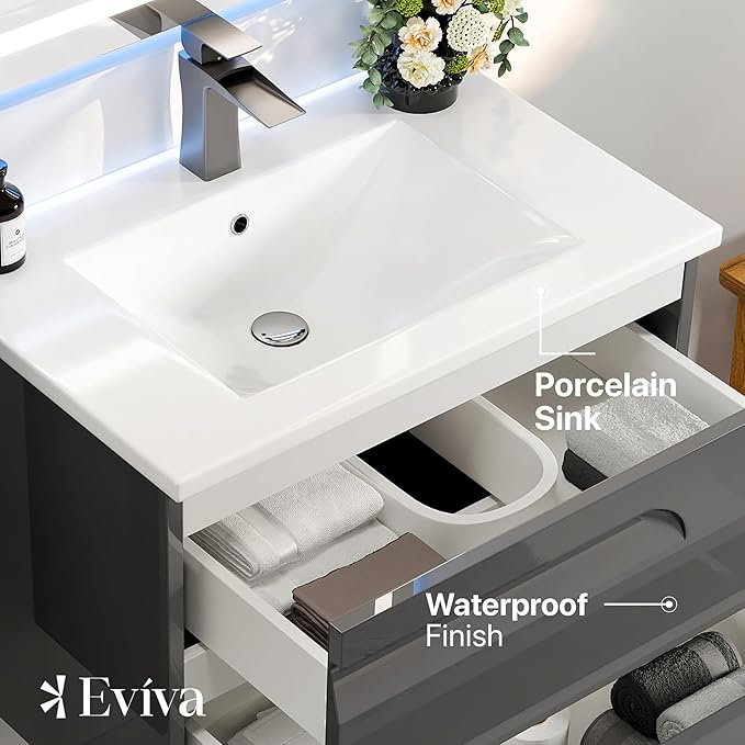 Eviva Joy 32 in. Gray Wall MountSingle Sink Bath Vanity with Porcelain Top and Integrated Sink