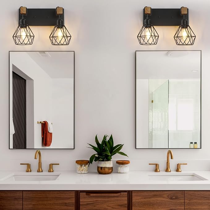 maesta 3 Light Bathroom Vanity Light, Farmhouse Black Fixture Over Mirror | Farmhouse Bathroom Light Fixtures, Wood & Metal, Anti-Rust, Easy to Install for Rustic Bathroom Hallway