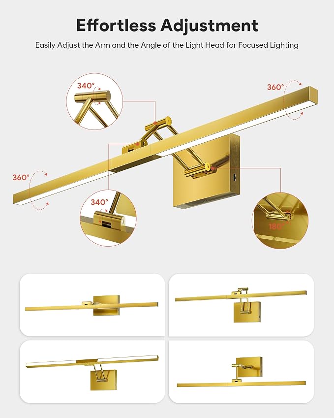 VONLUCE 30" Modern LED Bathroom Vanity Light, Brushed Gold | 3CCT, Flicker-free, 360° Rotatable Head & Swing Arm, IP44 waterproof Bathroom Light Fixture Over Mirror for Bathroom, Picture