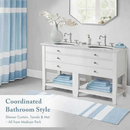 Madison Park Reversible Spa Rug 100%-Cotton Striped Ultra Soft Water Fast Bath Non-Slip Absorbent Quick Dry Mats for Tub, Shower Room, and Bathroom, 24"x72", Blue (MP72-6212) | Quick Dry, Ultra Soft, Pile, Machine Washable, Plush, OEKO-TEX Certified