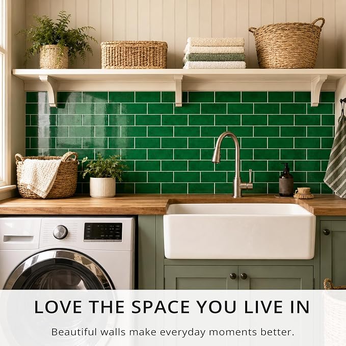 StyloVue 100 Pieces Peel and Stick Backsplash for Kitchen, 3" x 6" PVC Subway Tile, 2026 Upgraded Emerald Green Stone, Stick on Wall Tile for Kitchen, Bathroom, Fireplace, RV