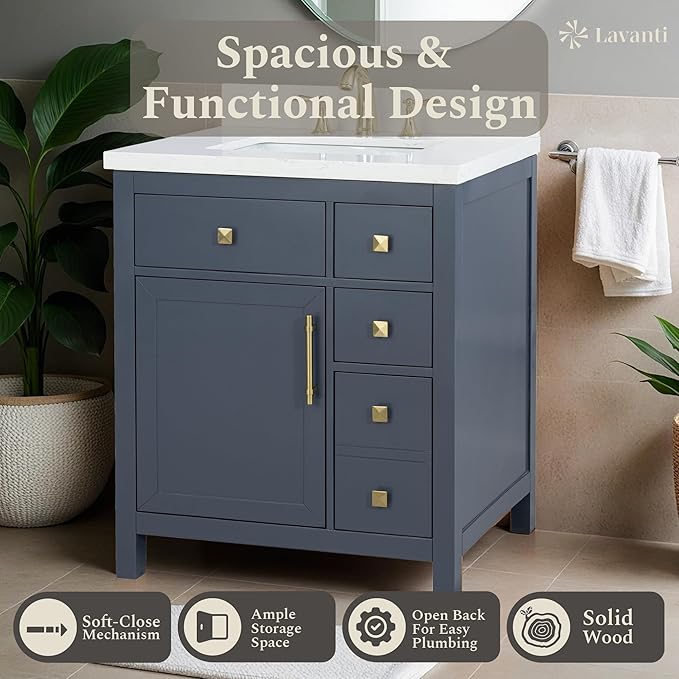 Lavanti Oakford 30 Inch Bathroom Vanity with Sink – Stylish Navy Blue Vanity Bathroom with Storage Cabinet – Modern Bathroom Vanities with Single Vanity Sink & Quartz Countertop
