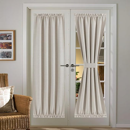 NICETOWN Faux Linen Blackout Curtain Panel for French Door Patio Window Curtains Thermal Insulated Rod Pocket Drapes for Living Room Glass Door with Tieback W36 x L72, Angora, 1 Panel