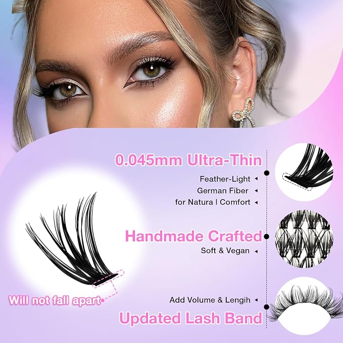 Lash Clusters DIY Cluster Eyelash Extensions 280pcs 9‑16mm 40D Fluffy D Curl Natural Volume Lashes–Waterproof Fake Cat Eye Wispy Individual Soft Clusters (16MIX2-2-X)