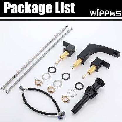 3 Hole Bathroom Faucet Matte Black, 2 Handle 8 inch Widespread Bathroom Sink Faucet with Pop Up Drain and cUPC Supply Hose, Black Bathroom Vanity Faucet 3 Hole WI37151BK