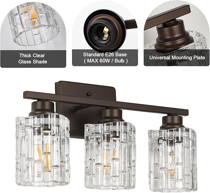 Refice 3-Light Bathroom Vanity Lights Crystal Glass, Oil Rubbed Bronze | Bathroom Light Fixtures Vanity Lighting Over Mirror for Living Room Farmhouse, Hallway