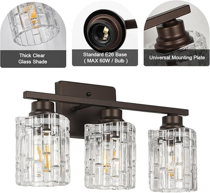 Refice 3-Light Bathroom Vanity Lights Crystal Glass, Oil Rubbed Bronze | Bathroom Light Fixtures Vanity Lighting Over Mirror for Living Room Farmhouse, Hallway