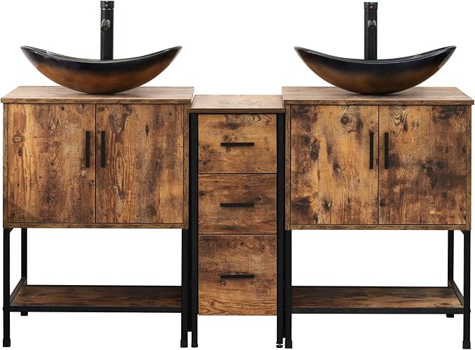 UEV Rustic Brown 60" Double Bathroom Vanity with Sink Combo,Industrial Iron Frame 2 Main Bathroom Vanity with Middle 3 Drawers Cabinet,Modern Champagne Boat Tempered Glass Vessel Sink(029CH)
