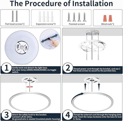 MOONSEA Flush Mount LED Ceiling Light Fixture Brushed Nickel 32W, 16 Inch Dimmable 3000K-4000K-6500K 3 Color Selectable Ceiling Lamp 3200LM Low Profile Ceiling Light for Kitchen Bedroom Hallway