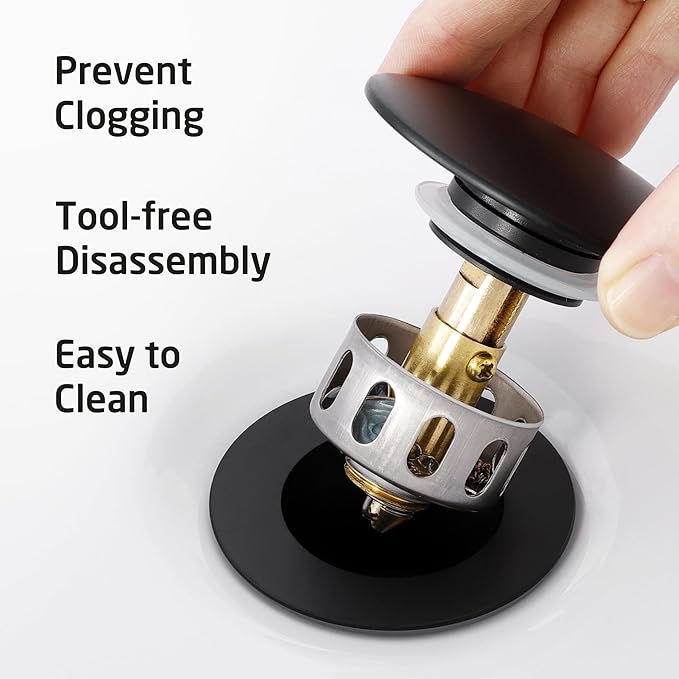 KES Bathroom Sink Drain with Strainer Basket Hair Catcher Anti Clog Pop Up Drain Stopper Vanity Vessel Sink Without Overflow, Matte Black S2013D-BK