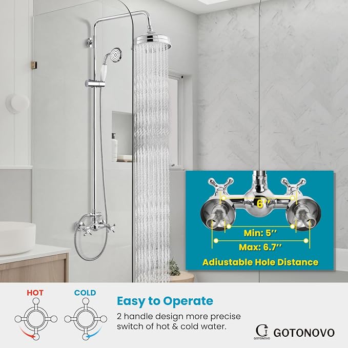 gotonovo Exposed Shower Faucet Set Luxury,Polish Chrome,Straignt Rod | Bathroom 8” Shower Head with Handheld Spray System Fixtures,Vintage Two Cross Handle,Wall Mount,for 5-6.7" Hole,Adjust Height