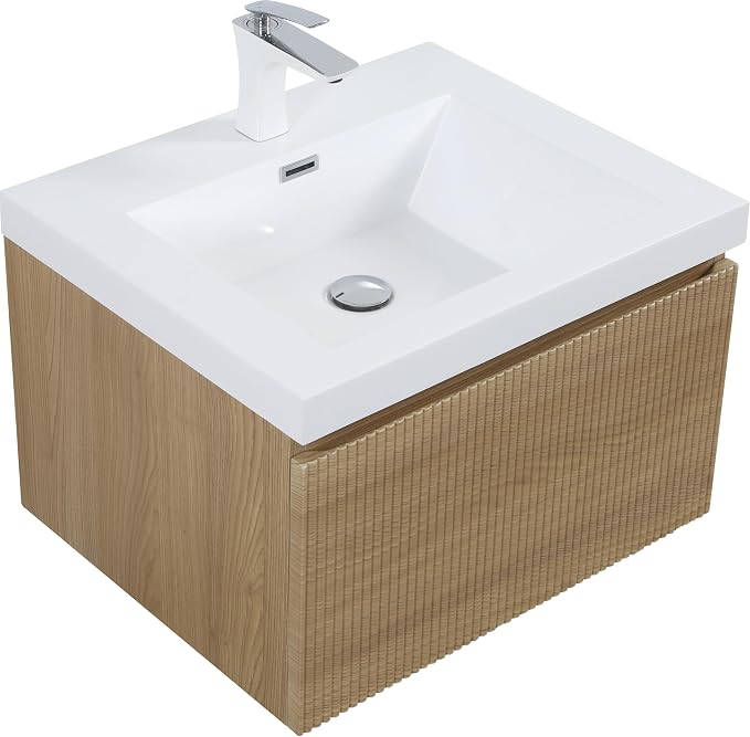 24 Inch Floating Bathroom Vanity with Sink, Modern Oak Wall Mounted Floating Vanity with Glossy Resin Sink, Soft Closing Drawer, Fully Pre Assembled Bathroom Vanity, Natural Oak