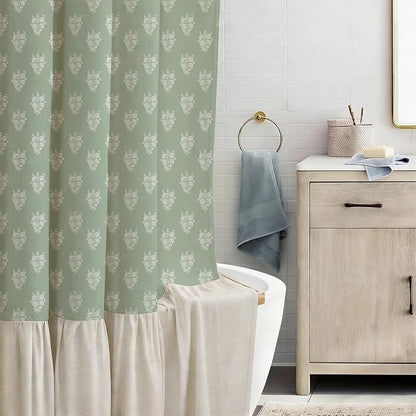ORTIGIA Linen Textured Ruffle Shower Curtain with Metal Hooks, Green Vintage Block Print Floral Boho Waterproof Bath Curtain for Rustic Farmhouse Bathroom Decor 72x72 Inch