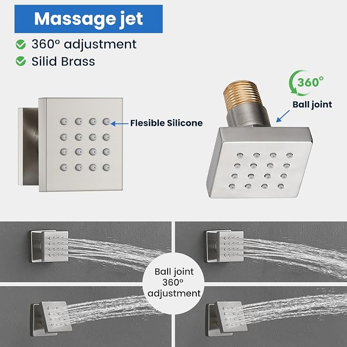 gotonovo Ceiling Shower System with 4pcs Full Body Jets,Brushed Nickel | SUS304 12’’ Rain Shower Head with Handheld Spray,Brass Body Message Jets,Ceiling Mount,Rough-in Valve and Trim Kit,All Metal