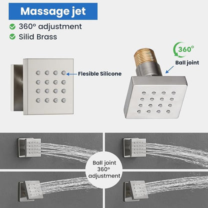 gotonovo Ceiling Shower System with 4pcs Full Body Jets,Brushed Nickel | SUS304 12’’ Rain Shower Head with Handheld Spray,Brass Body Message Jets,Ceiling Mount,Rough-in Valve and Trim Kit,All Metal