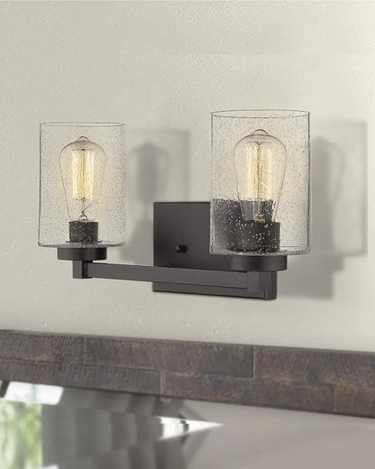 Beionxii 16In Farmhouse Bathroom Light Fixtures,Rustic Vanity Light Fixture | 2-Light Bathroom Vanity Light Fixture, Seeded Glass Shade, Oil Rubbed Bronze Over Mirror for Bathroom Living Room, BXMB9002-2