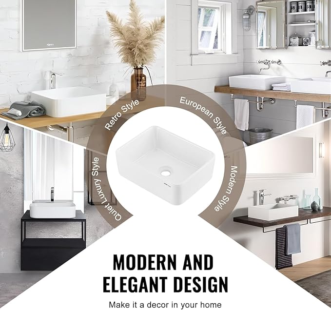 VEVOR Rectangle Vessel Sink, 16" x 12" Bathroom Vessel Sink Countertop, White Ceramic Bathroom Sinks Above Counter, Modern Style, Bright and Elegant, Well-Packaged for Bathroom, Hotel, Toilet, RV